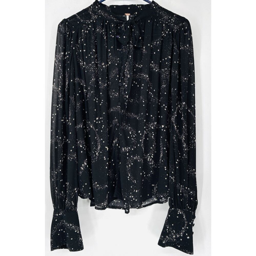 Free People Celestial Stars Align Printed Top Sheer Tie Neck Smocked Boho M - Picture 2 of 11